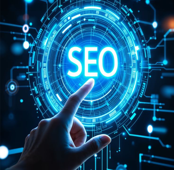 Futuristic robotic hand holding a glowing sphere labeled GEO ,SEO and Marketing 2026