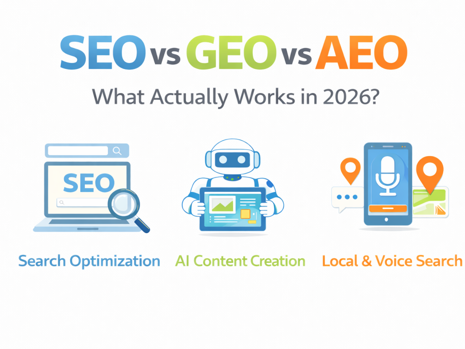 Infographic comparing SEO, GEO, and AEO strategies showing search optimization, AI-generated content, and voice search in 2026