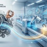 Illustration showing a tangled knot of gears and papers labeled 'MANUAL BOTTLENECKS' on the left transforming via a glowing data stream into a streamlined, automated conveyor system with a robotic arm and holographic indicators for 'SPEED,' 'SCALE,' and 'EFFICIENCY' on the right, overseen by two professionals in a modern factory.