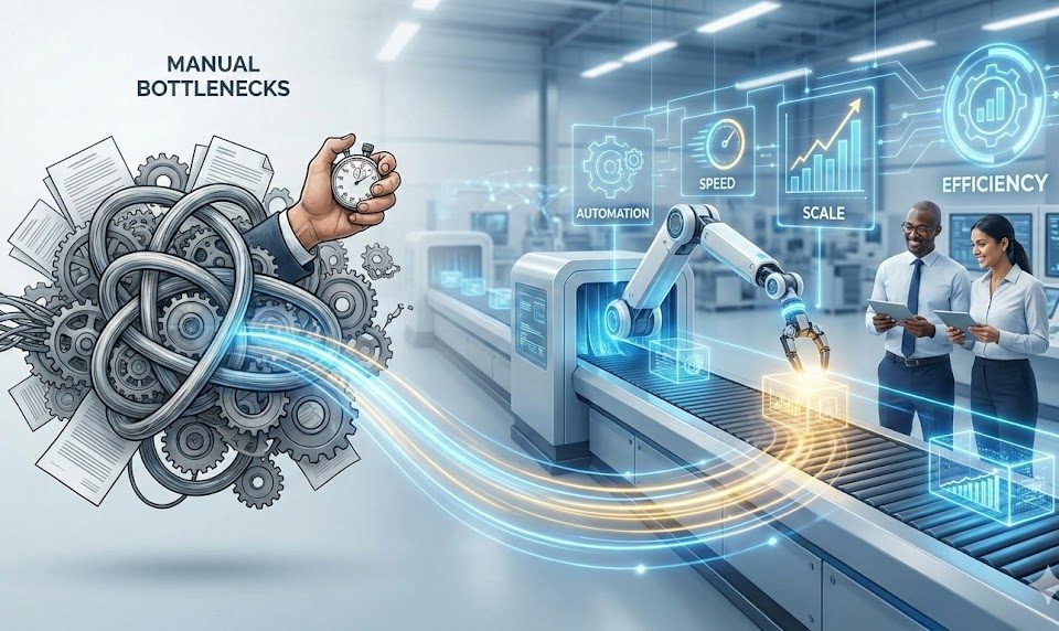Illustration showing a tangled knot of gears and papers labeled 'MANUAL BOTTLENECKS' on the left transforming via a glowing data stream into a streamlined, automated conveyor system with a robotic arm and holographic indicators for 'SPEED,' 'SCALE,' and 'EFFICIENCY' on the right, overseen by two professionals in a modern factory.