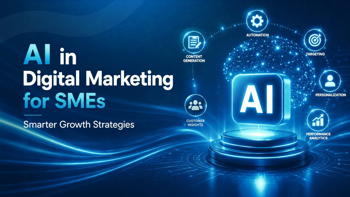AI in digital marketing for SMEs showing automation, targeting, personalization, customer insights, and performance analytics.
