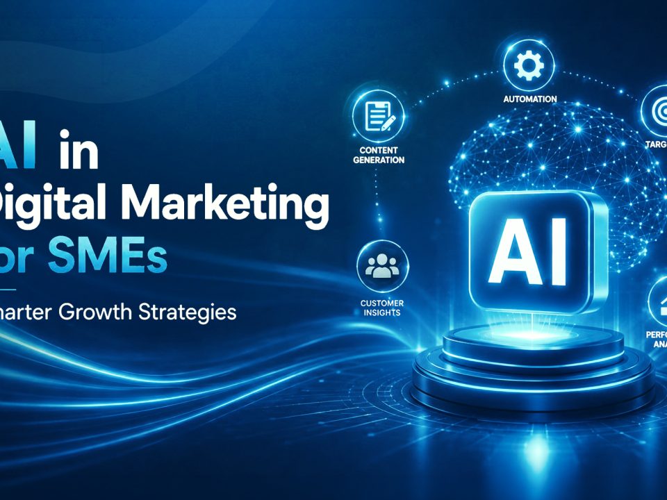 AI in digital marketing for SMEs showing automation, targeting, personalization, customer insights, and performance analytics.