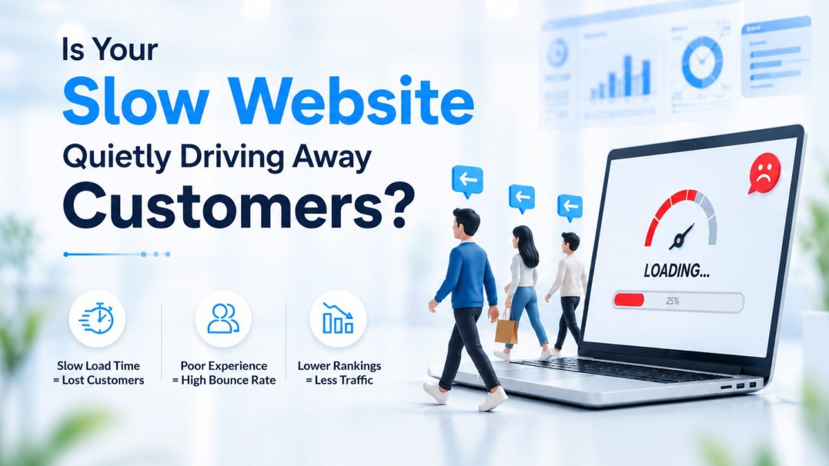 Illustration showing a slow-loading website causing visitors to leave, highlighting website speed optimization, bounce rate, Core Web Vitals, and SEO performance.