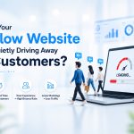 Illustration showing a slow-loading website causing visitors to leave, highlighting website speed optimization, bounce rate, Core Web Vitals, and SEO performance.