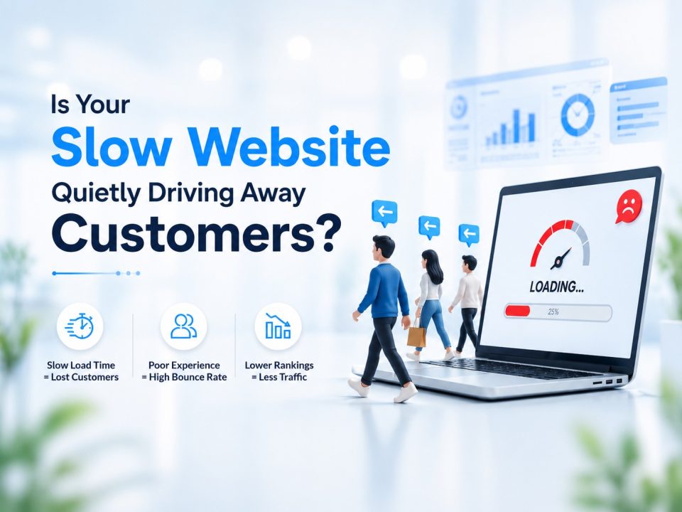 Illustration showing a slow-loading website causing visitors to leave, highlighting website speed optimization, bounce rate, Core Web Vitals, and SEO performance.